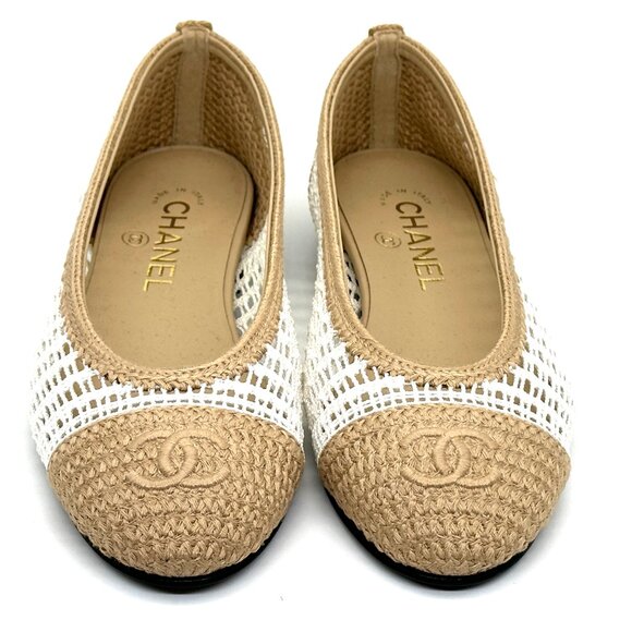 CHANEL REV CC Raffia Crochet Woven Two Tone Cap Toe Ballerina Ballet Flats - Picture 5 of 14